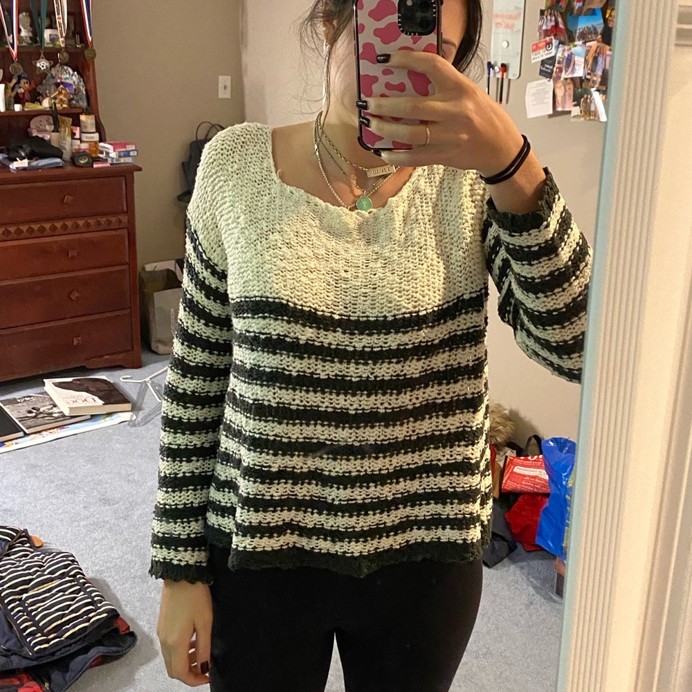 White and grey stripe sweater size small